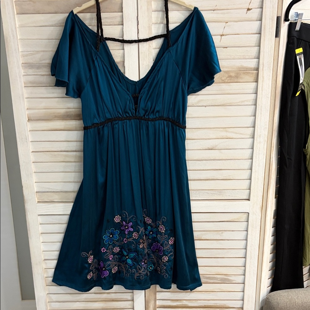 Soul Revival Teal Dress with Braided and Floral Details